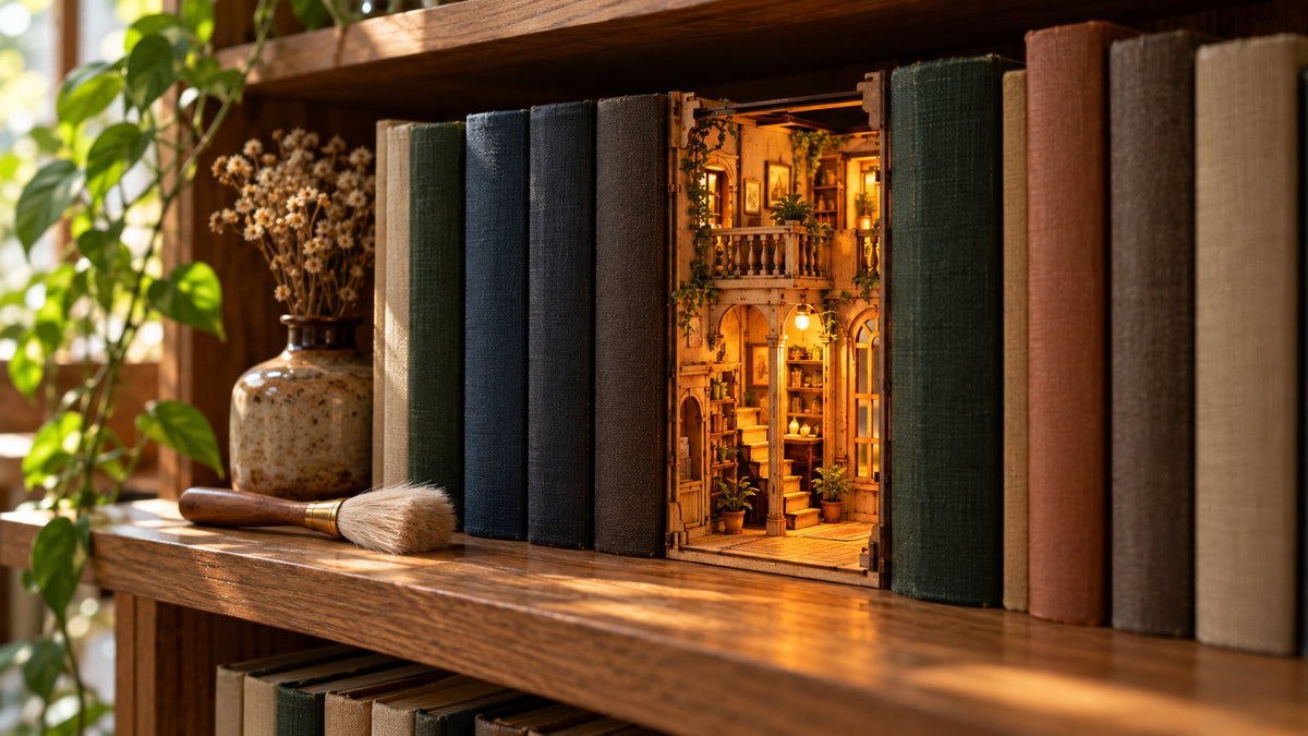 Book nook termine et allume dans une bibliotheque, avec un pinceau de depoussierage