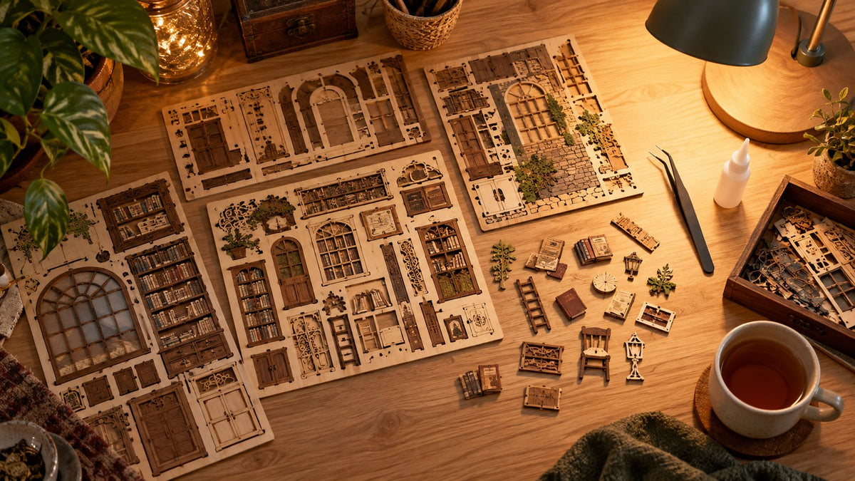 Planches de bois predecoupees d'un kit de book nook, pince et colle sur un plan de travail