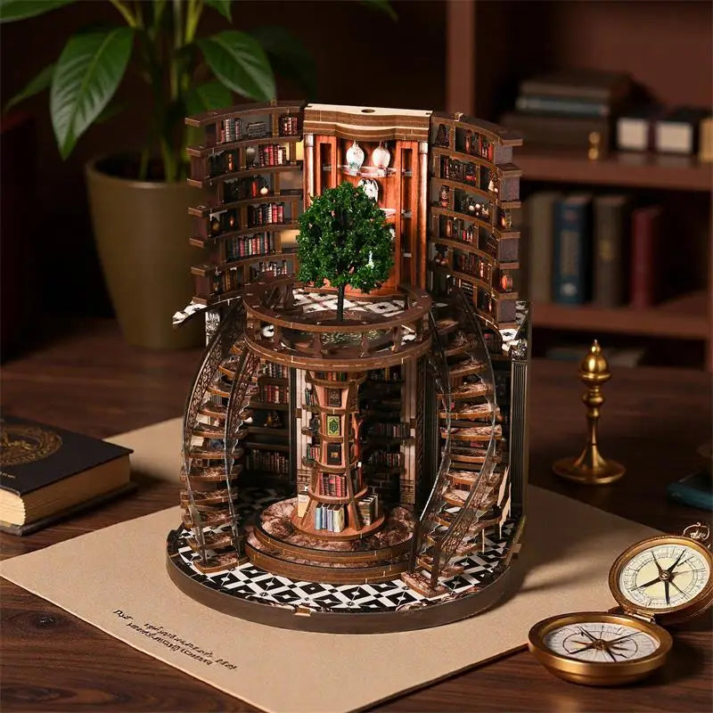 Book nook Arbre du Savoir monté sur un bureau, escaliers en colimaçon