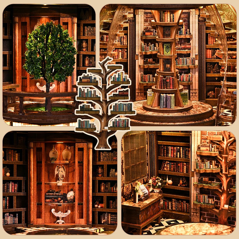 Détails du book nook Arbre du Savoir : arbre, rayonnages et bibliothèque en tronc
