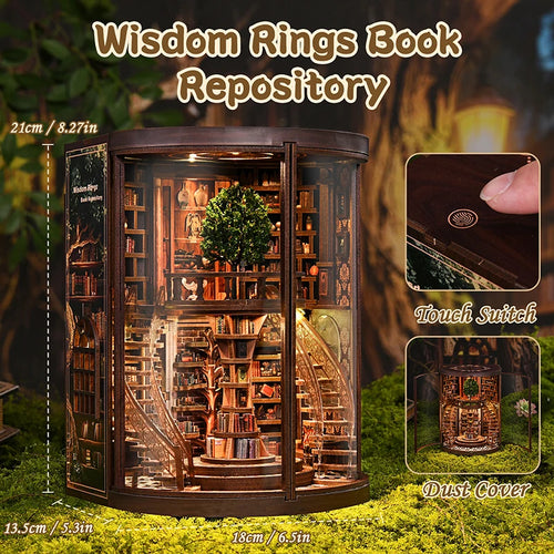 Dimensions du book nook Arbre du Savoir : 21 x 18 x 13,5 cm, interrupteur tactile et vitrine