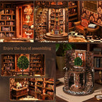 Intérieur du book nook Arbre du Savoir : rayonnages, fauteuil et vitrine