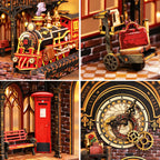 Détails du book nook Gare : train, valises, boîte aux lettres et horloge