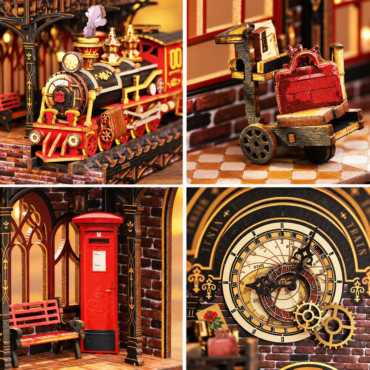 Détails du book nook Gare : train, valises, boîte aux lettres et horloge