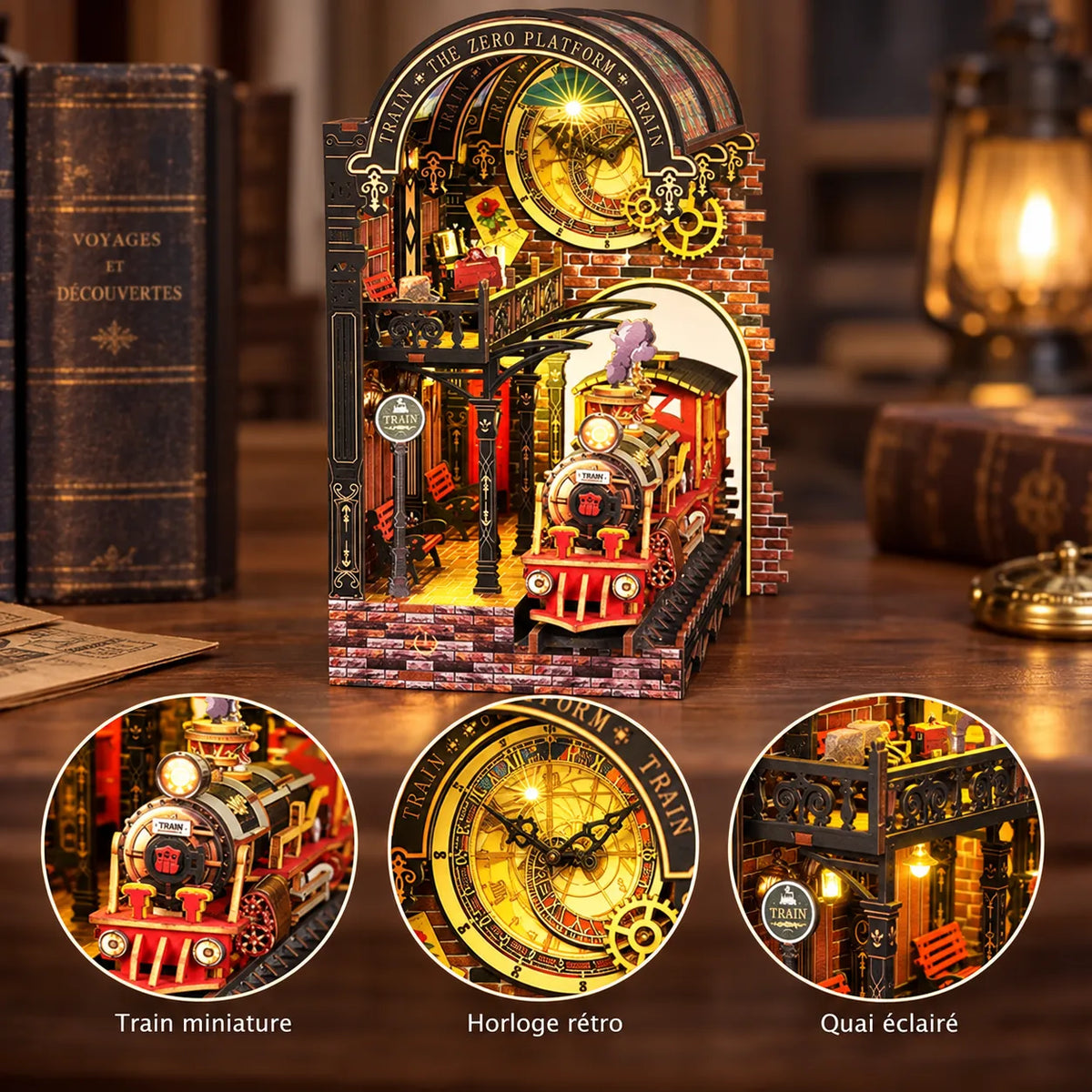Book nook Gare du Quai Zéro : train miniature, horloge rétro et quai éclairé