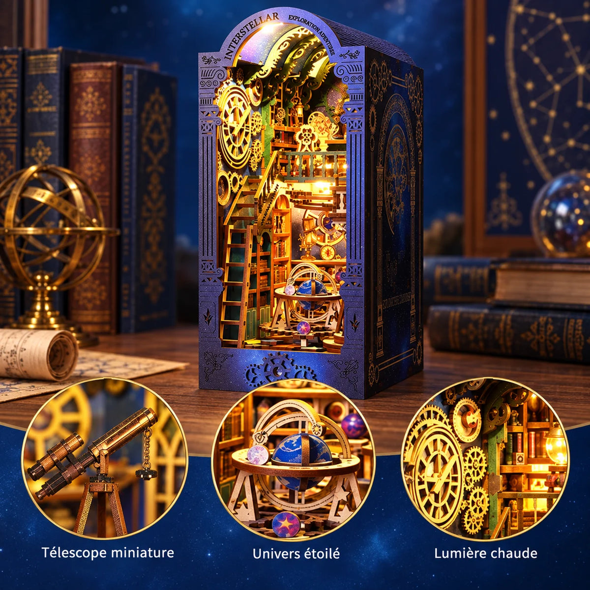 Détails : télescope miniature, univers étoilé et lumière chaude