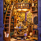 Intérieur éclairé : échelle, mezzanine, horloge et bibliothèque